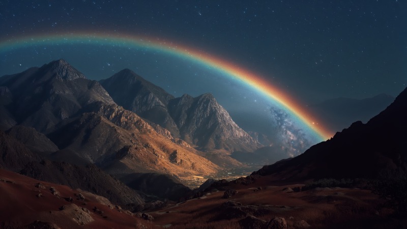 atmospheric landscape wallpaper, rainbow sky, celestial beauty, background for desktop wallpaper (horizontal)