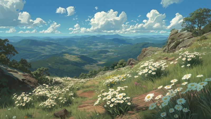 flower season wallpaper, blue skies, garden views, background for desktop wallpaper (horizontal)