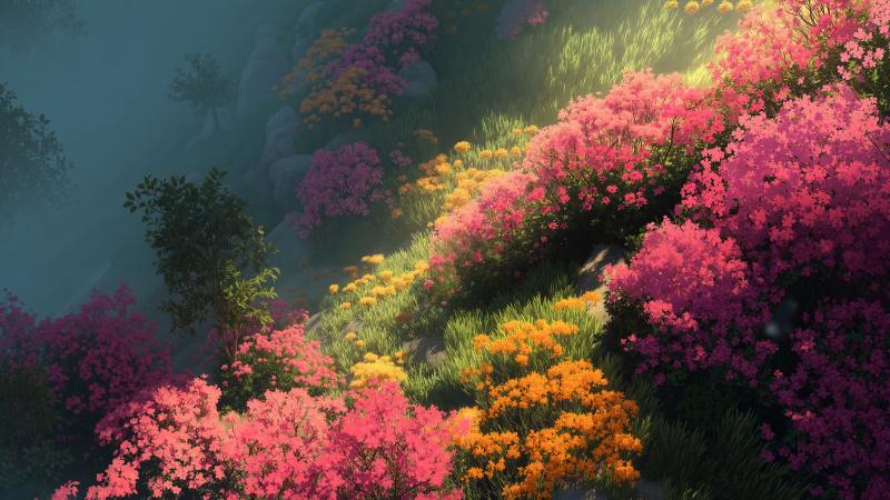 spring scenery wallpaper, floral landscape, bright meadows, background for desktop wallpaper (horizontal)