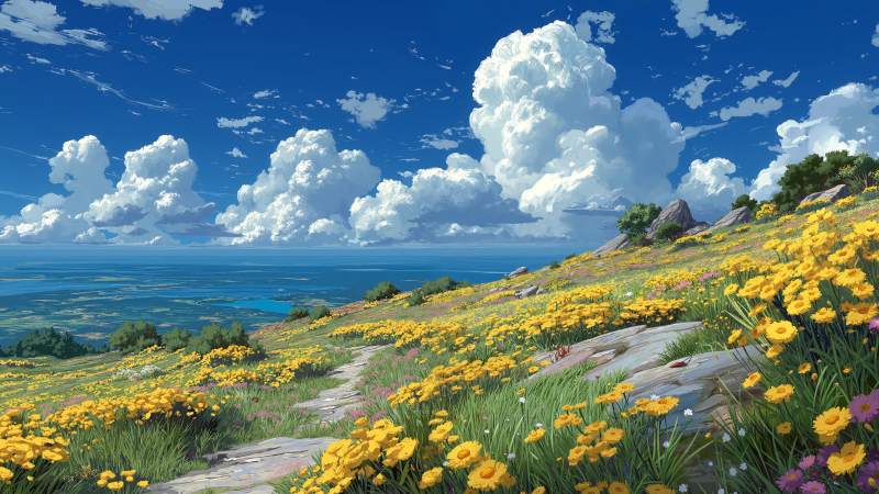 colorful fields wallpaper, renewal, blue skies, background for desktop wallpaper (horizontal)