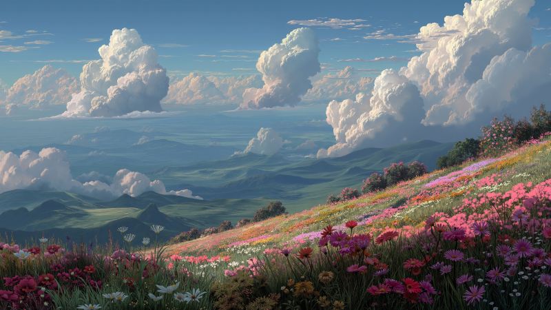 renewal wallpaper, colorful blossoms, fresh greenery, background for desktop wallpaper (horizontal)