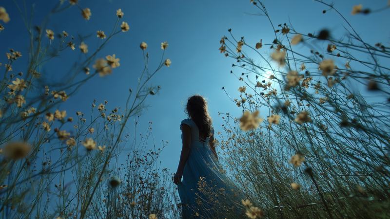 warm sunlight wallpaper, spring bloom, woman in nature, background for desktop wallpaper (horizontal)