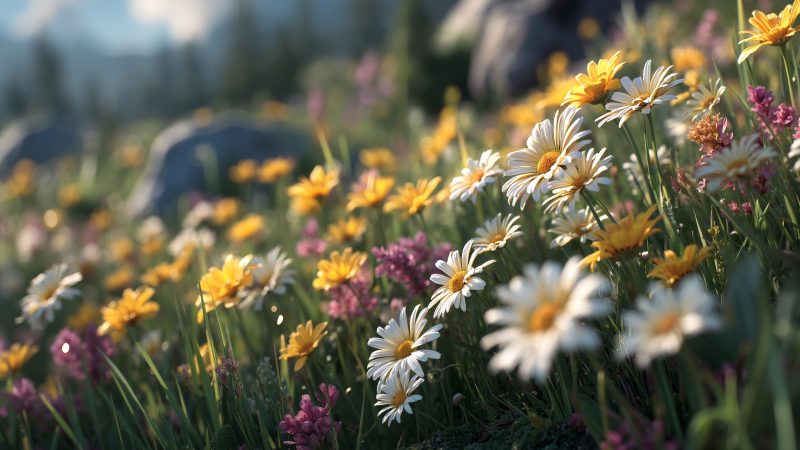 spring bloom wallpaper, wildflowers, warm sunlight, background for desktop wallpaper (horizontal)
