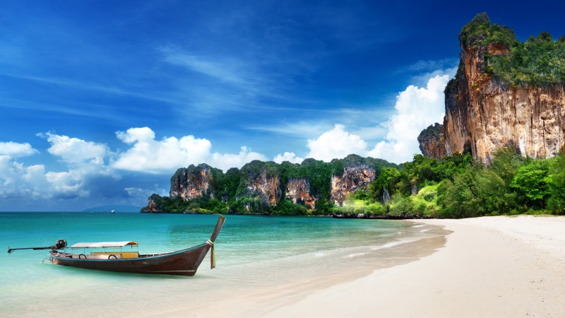 Krabi Beach, HD, 4k wallpaper, Thailand, Best Beaches in the World, tourism, travel, resort, vacation, sand, boat, sky, World's best diving sites (horizontal)