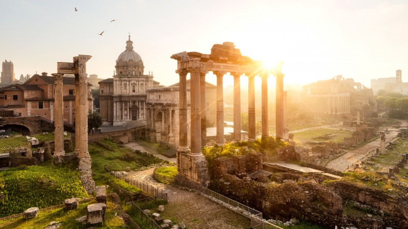 Forum Romanum, Rome, Italy, Templum Saturni, Arco di Settimio Severo, sun, rays, town, old, travel (horizontal)