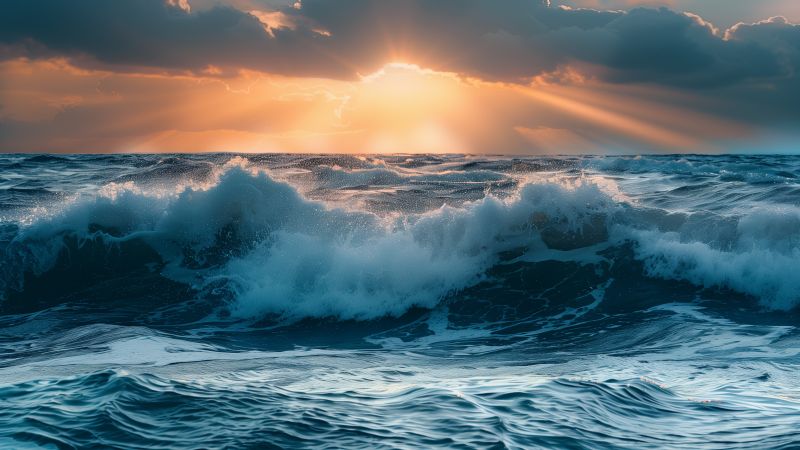 Sea, 5k, 4k wallpaper, ocean, water, wave, sunset, sky, rays, sun, blue (horizontal)