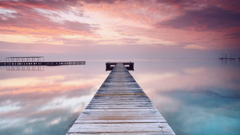 Spain, 5k, 4k wallpaper, pink, sky, clouds, ocean, bridge, reflection (horizontal)