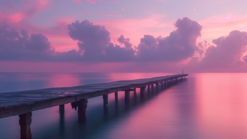 Spain, 5k, 4k wallpaper, pink, sky, clouds, ocean, bridge, reflection (horizontal)