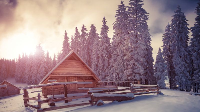 Pines, 4k, HD wallpaper, snow, sunset, house (horizontal)