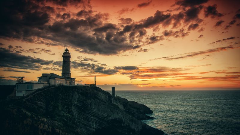 Lighthouse, HD, 4k wallpaper, rocks, sea, sunset (horizontal)