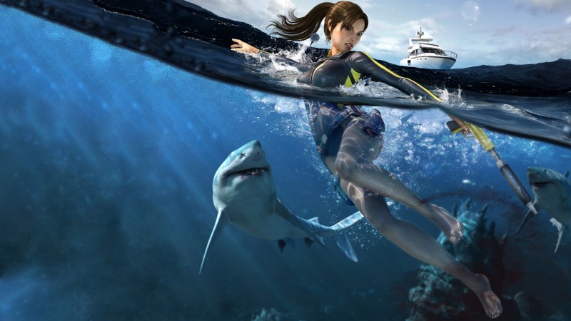 Lara Croft, Tomb Raider, shark, underwater, hunting, action, Illustration, yaht (horizontal)