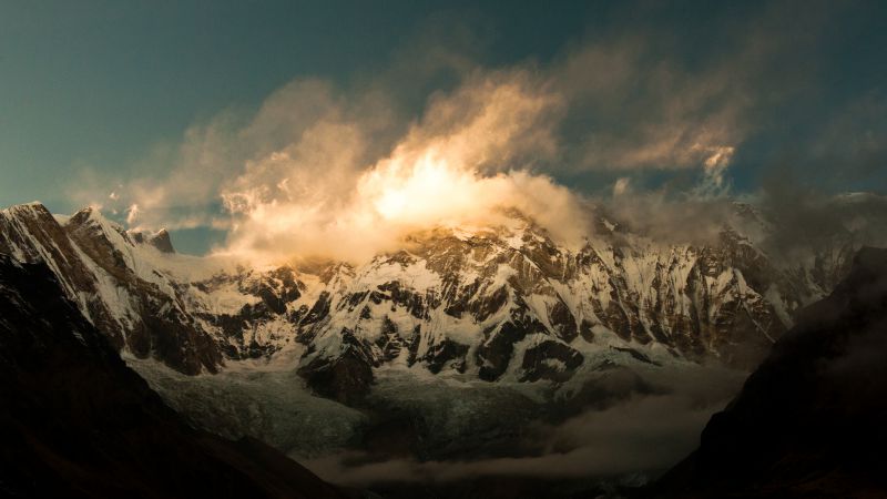 Annapurna, 5k, 4k wallpaper, Himalayas, Nepal, clouds, mountain, sunset (horizontal)