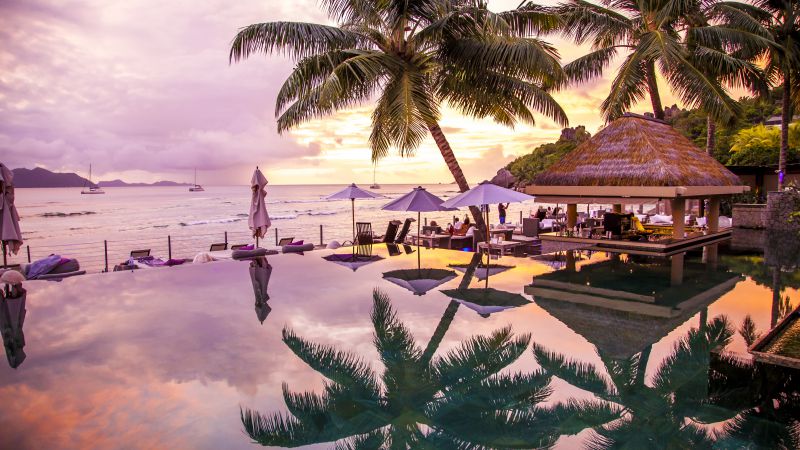 Infinity Pool, 8k, 4k wallpaper, La Digue, Praslin, Seychelles, palms, travel, tourism (horizontal)