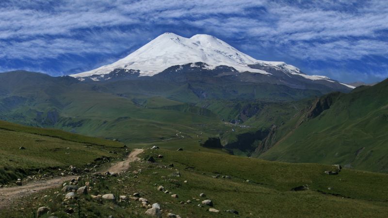 Elbrus, 5k, 4k wallpaper, Caucasus, mountains, volcano, sky, meadows (horizontal)