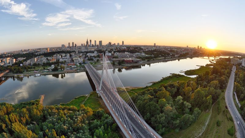 Warsaw, 5k, 4k wallpaper, Poland, Vistula, river, bridge, sunset, trees (horizontal)