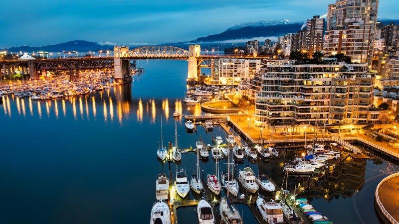 Vancouver, Granville, Island, Canada, night, Morning, lights, boats, blue, water, sea, travel (horizontal)
