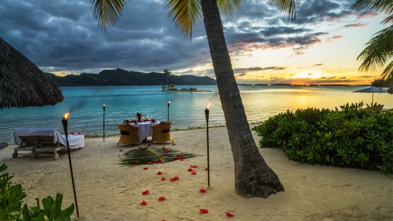 Bora Bora, 4k, HD wallpaper, French Polynesia, ocean, dinner, sunset, fire, torch, palm trees, beach, vacation, rest, travel, booking, palm trees,  (horizontal)