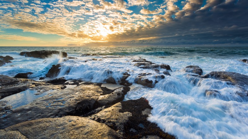 Clouds, 4k, HD wallpaper, beach, sunrise, ocean, sea, water, sun (horizontal)