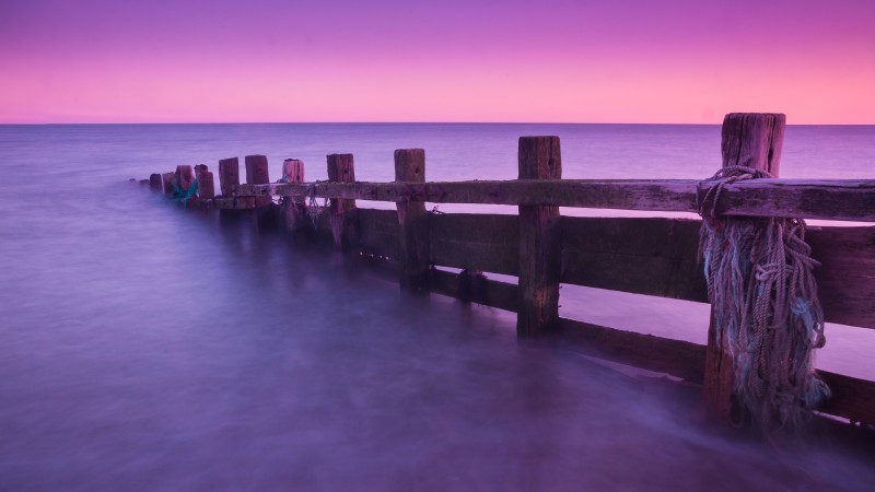 docks, 4k, HD wallpaper, abandoned, Seven Sisters Country Park, England, purple, pink, sunrise, sunset, sea, ocean, water, clear sky (horizontal)