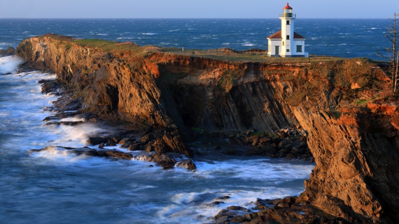 Charleston, 4k, HD wallpaper, Gregory Point, Oregon, Lighthouse, sea, ocean, water, blue, rock, sun (horizontal)