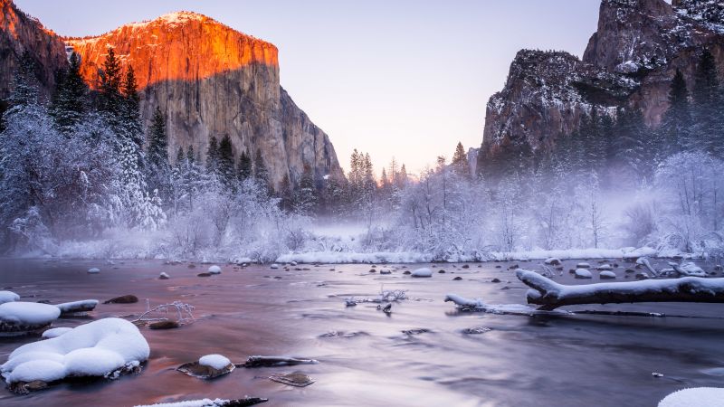 Yosemite, 5k, 4k wallpaper, National Park, California, USA, winter, tourism, travel, lake, mountain (horizontal)