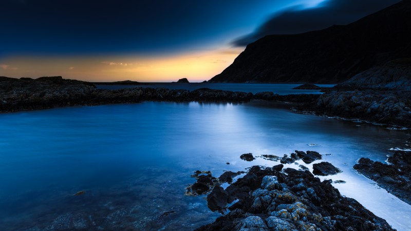Norway, 4k, HD wallpaper, blue sunset, sea, ocean, water, sky, clouds, rocks, sunrise (horizontal)