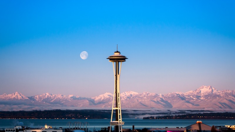 Seattle, tower, sunrise, sea, ocean, water, morning, moon, pink, clear, sky, mountain, travel, vacation (horizontal)