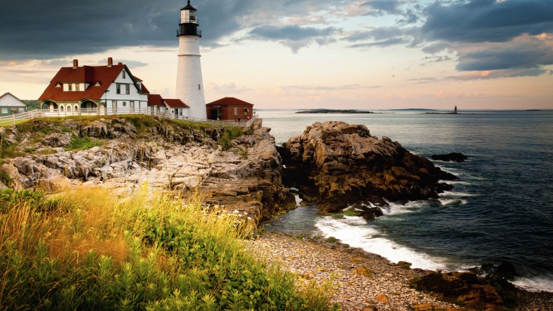 Portland Head Light, 4k, HD wallpaper, Cape Elizabeth, Maine, USA, sea, ocean, water, rocks, sky, clouds (horizontal)