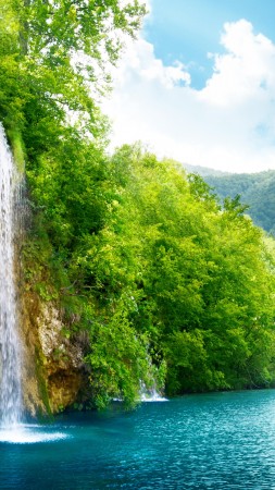 Lake, 4k, HD wallpaper, sea, water, waterfall, rocks, mountain, sun, clouds, sky, forest, nature (vertical)