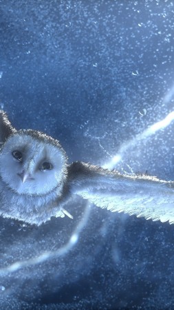 Owl, flying, snow, storm, lightning, blue, bird, art (vertical)