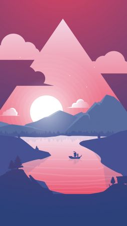 mountain, sun, river, purple, triangle, 4k (vertical)