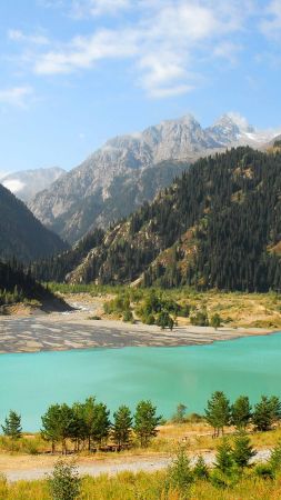 Lake Issyk-Kul, Kyrgyzstan, mountains, forest, 4k (vertical)