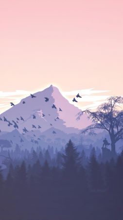 forest, mountains, violet, birds, art, HD (vertical)