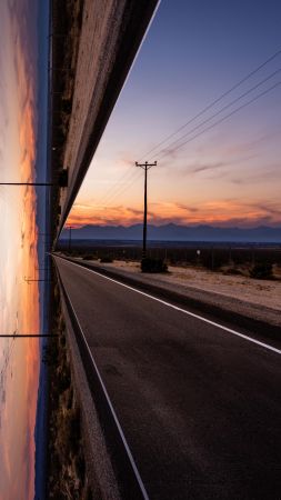 road, sky, sunset, artwork, 4k (vertical)
