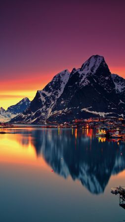 Norway, Lofoten islands, Europe, Mountains, sea, sunrise, 5k (vertical)