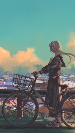 girl, bicycle, city, 4K (vertical)