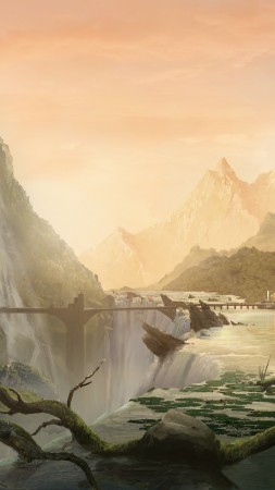 matte painting, 5k, 4k wallpaper, 8k, art, village, city, forest, waterfall, bridge, river (vertical)