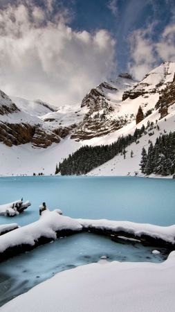 mountains, lake, winter, snow, 4K (vertical)