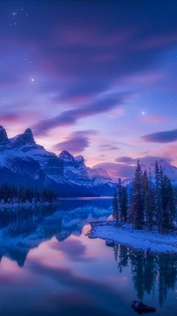 mountains, river, lake, winter, snow, night, HD (vertical)