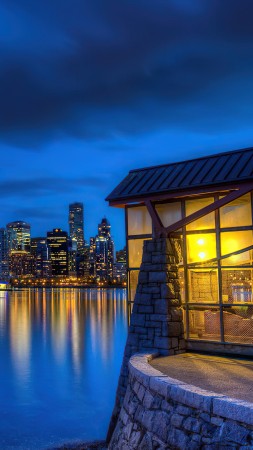 Stanley Park, Vancouver, Canada, water, night, lights, 4K (vertical)