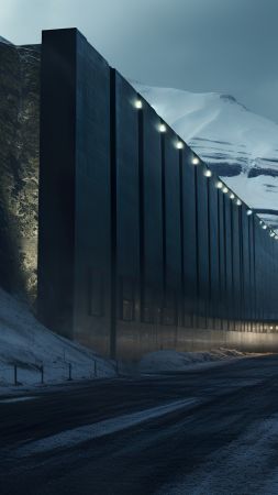 futuristic, ice, snow, mountains, dark, 4K (vertical)