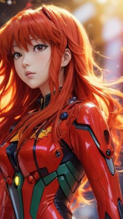 anime girl, cyberpunk, red hair (vertical)