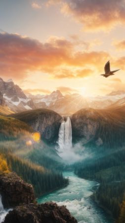mountains, waterfall, sunset, forest (vertical)