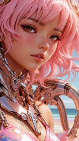 anime girl, cyber, pink hair (vertical)