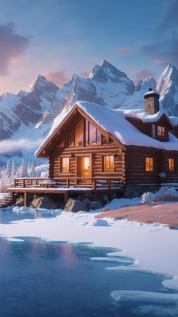 winter, house, lake, sunset, windows 12 (vertical)