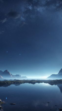 mountains, lake, night, Milky Way, windows 12 (vertical)