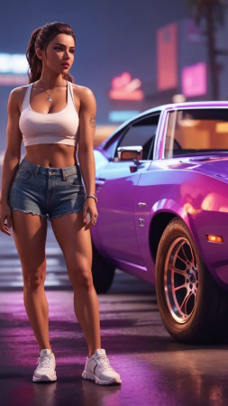 GTA 6, girl, muscle car, Vice City (vertical)
