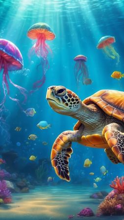 underwater, turtle, jellyfish (vertical)