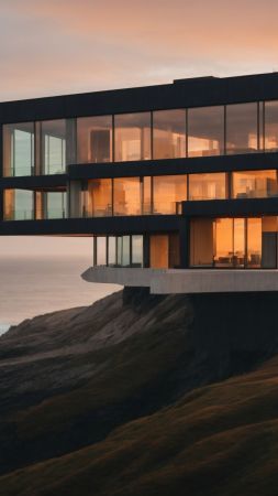 Modern house, sunset, ocean (vertical)