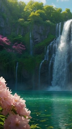 lake, waterfall, flowers (vertical)